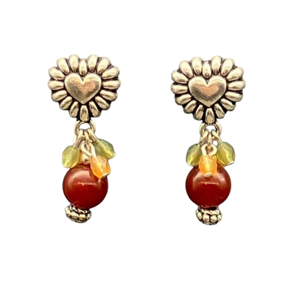 Billy D. Williams For Avon Dangle Pierced Earrings Silver Puffy Heart Carnelian - Picture 1 of 7